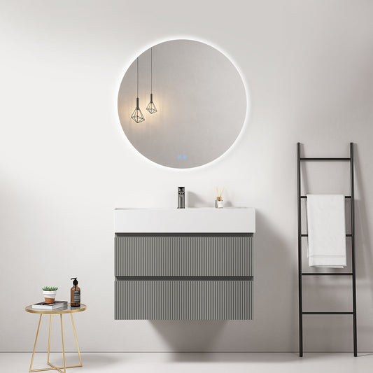 Mobile bagno sospeso cannettato 80 cm Grigio Londra Lavabo in Resina Specchio Tondo Retroilluminato - Fiji Paint