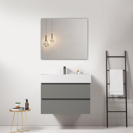Mobile bagno sospeso cannettato 80 cm Grigio Londra Lavabo in Resina Specchio Quadro - Fiji Paint