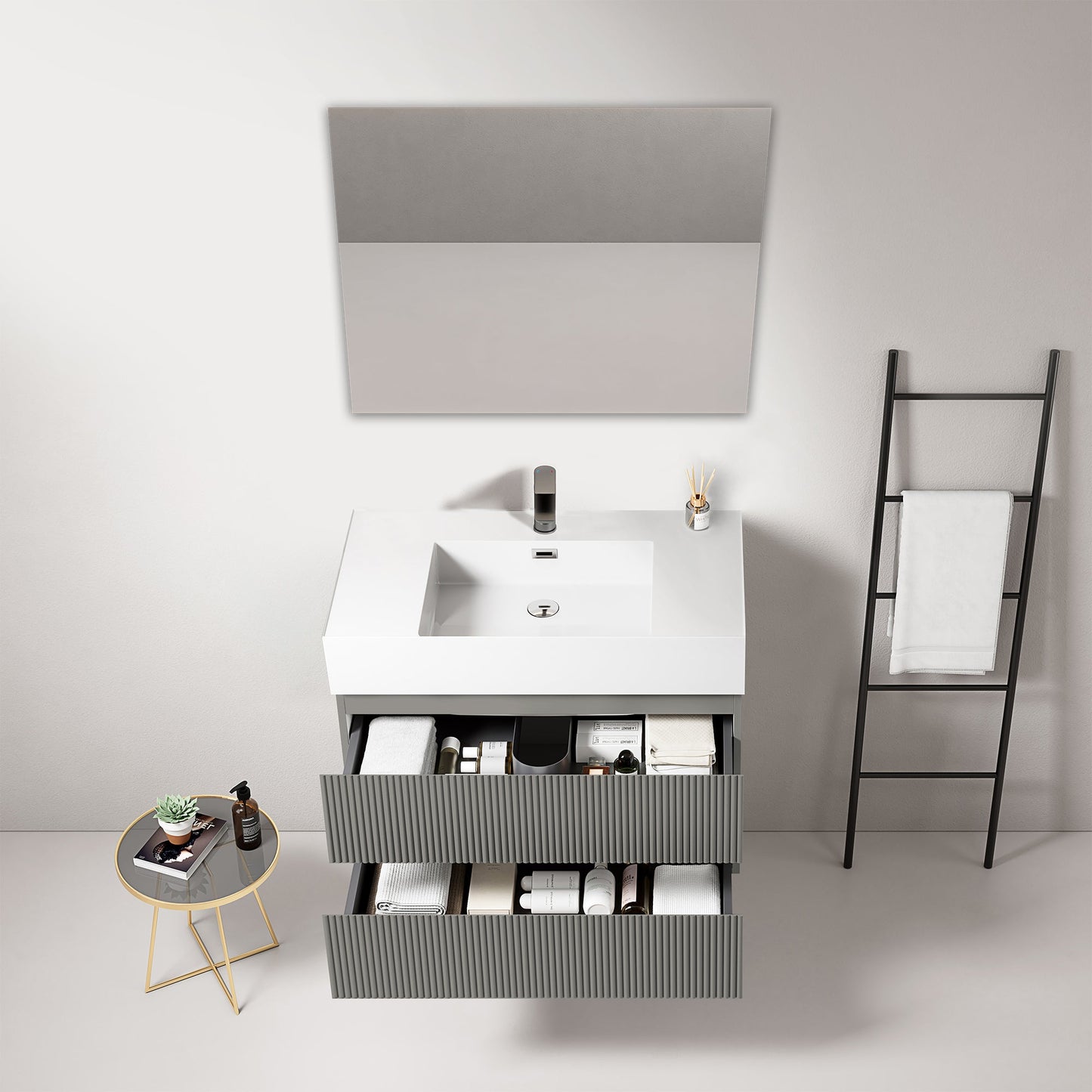 Mobile bagno sospeso cannettato 80 cm Grigio Londra Lavabo in Resina Specchio Quadro - Fiji Paint