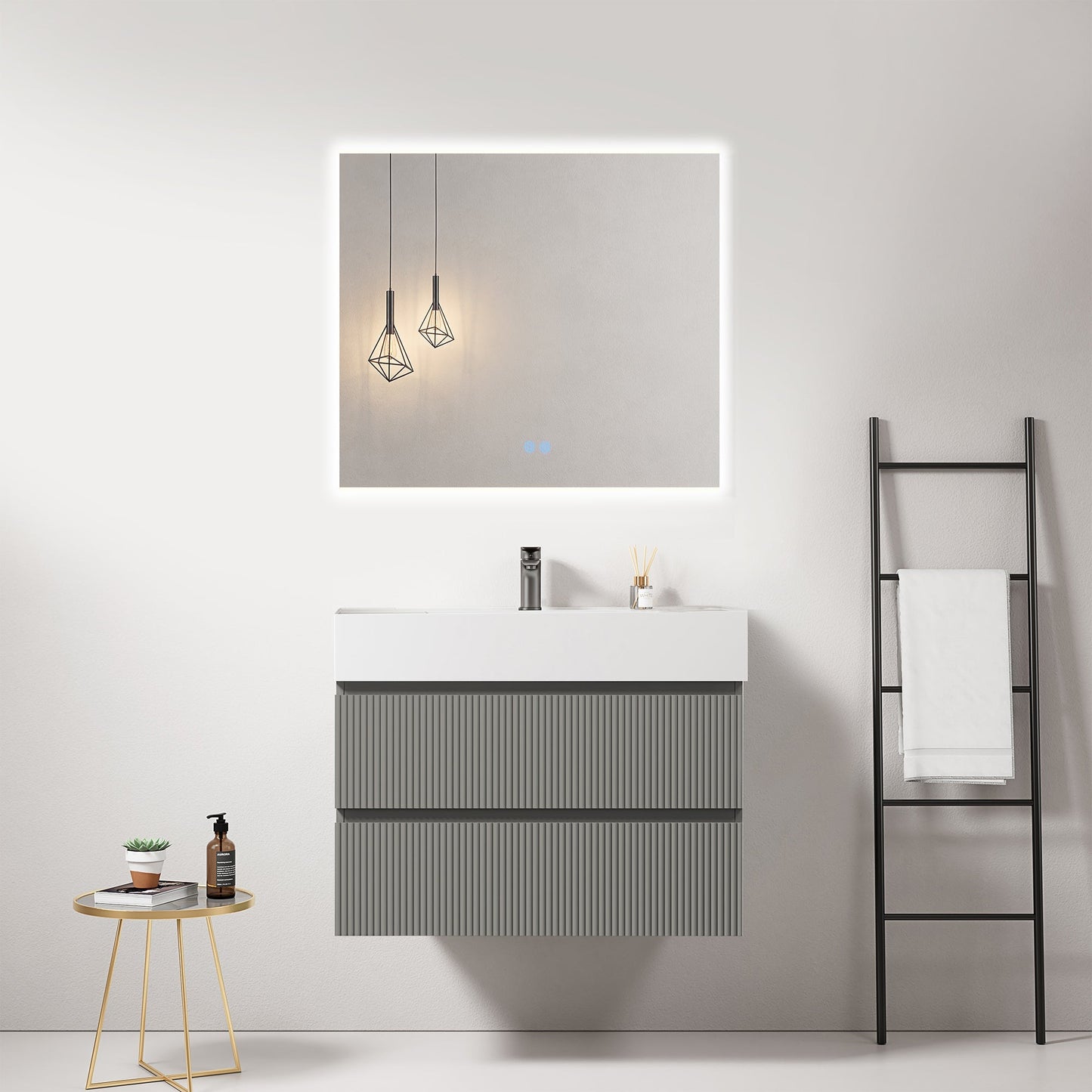 Mobile bagno sospeso cannettato 80 cm Grigio Londra Lavabo in Resina Specchio Quadro Retroilluminato - Fiji Paint