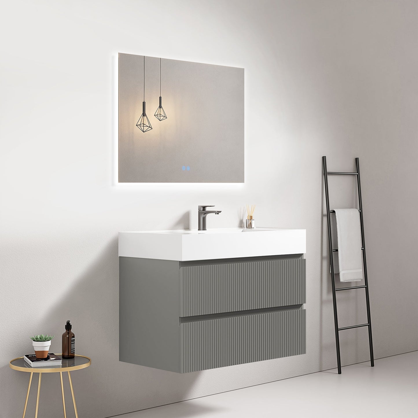 Mobile bagno sospeso cannettato 80 cm Grigio Londra Lavabo in Resina Specchio Quadro Retroilluminato - Fiji Paint