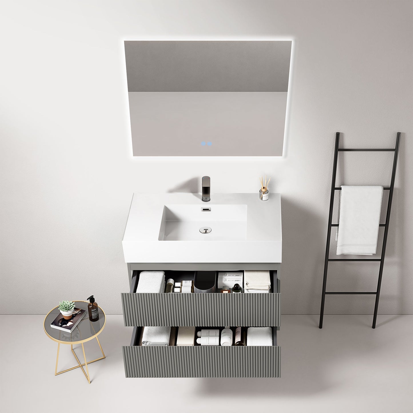 Mobile bagno sospeso cannettato 80 cm Grigio Londra Lavabo in Resina Specchio Quadro Retroilluminato - Fiji Paint
