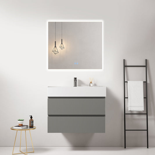 Mobile bagno sospeso cannettato 80 cm Grigio Londra Lavabo in Resina Specchio Quadro Retroilluminato - Fiji Paint