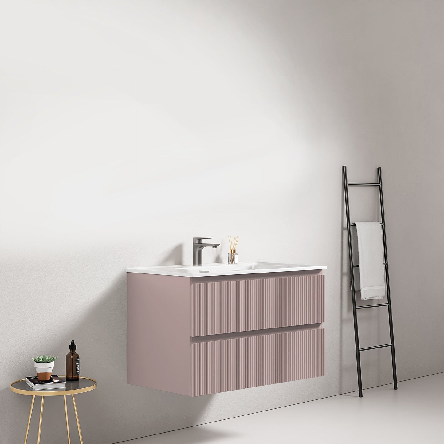 Mobile bagno sospeso cannettato 80 cm Rosa Retro Lavabo in Ceramica Senza Specchio - Fiji Paint