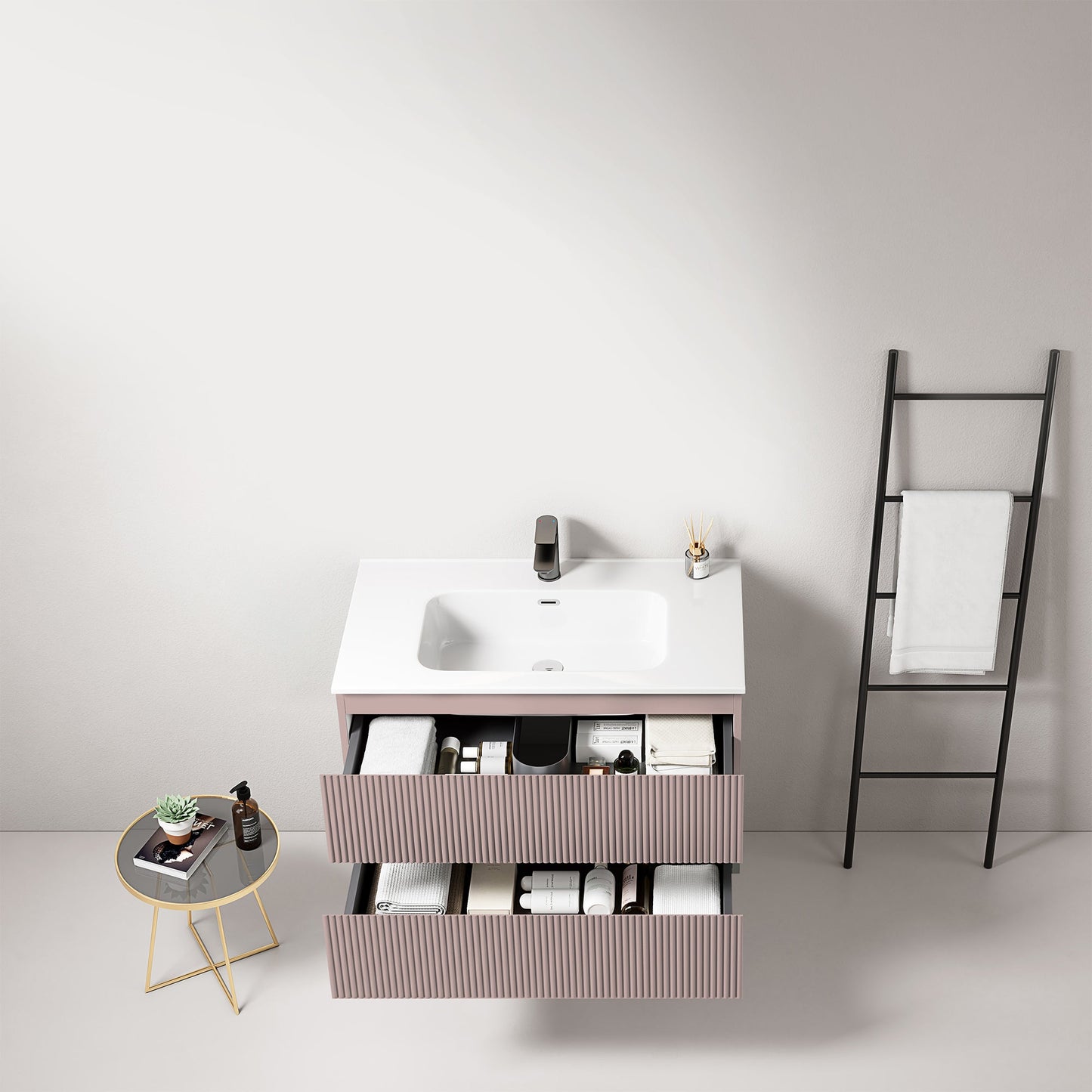 Mobile bagno sospeso cannettato 80 cm Rosa Retro Lavabo in Ceramica Senza Specchio - Fiji Paint