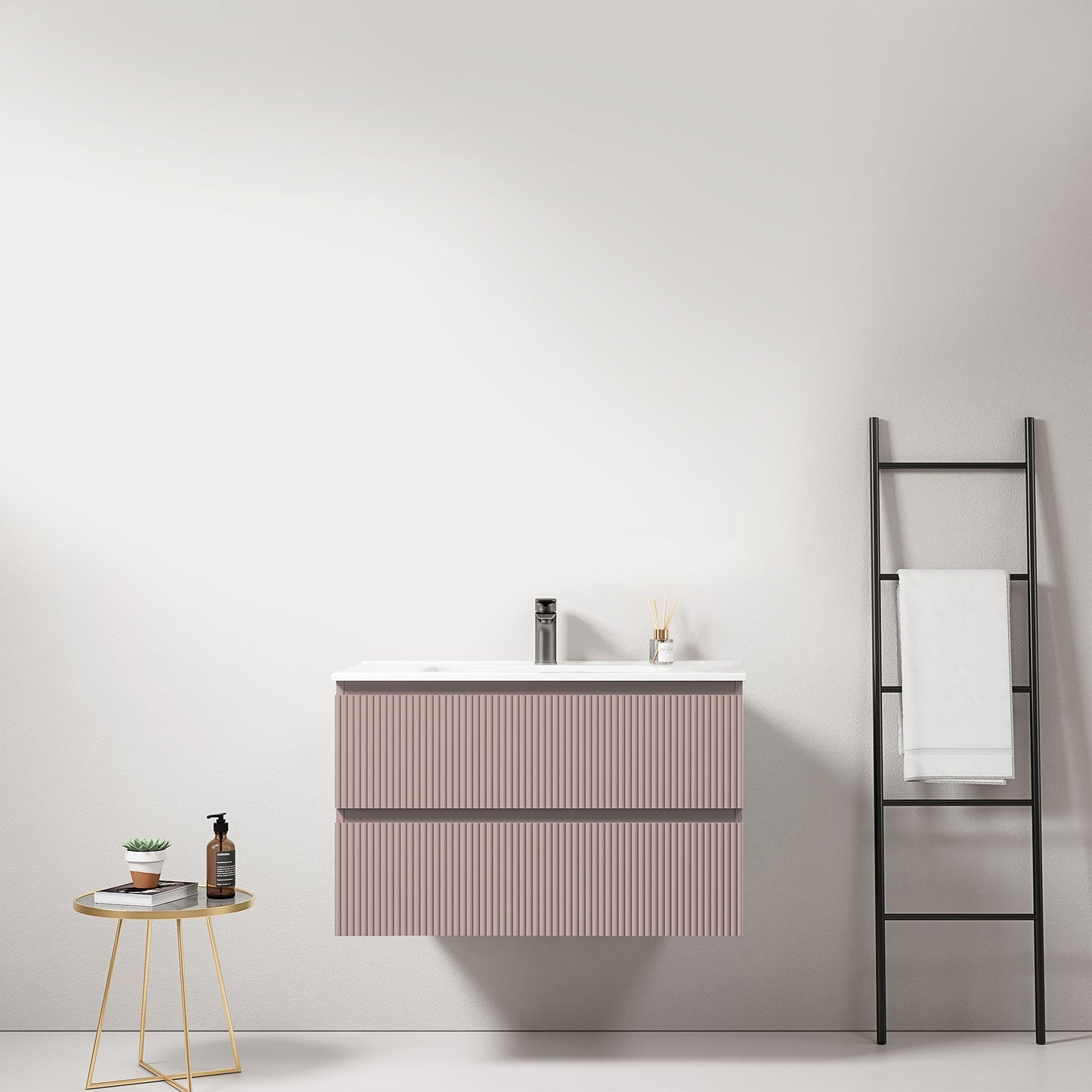 Mobile bagno sospeso cannettato 80 cm Rosa Retro Lavabo in Ceramica Senza Specchio - Fiji Paint
