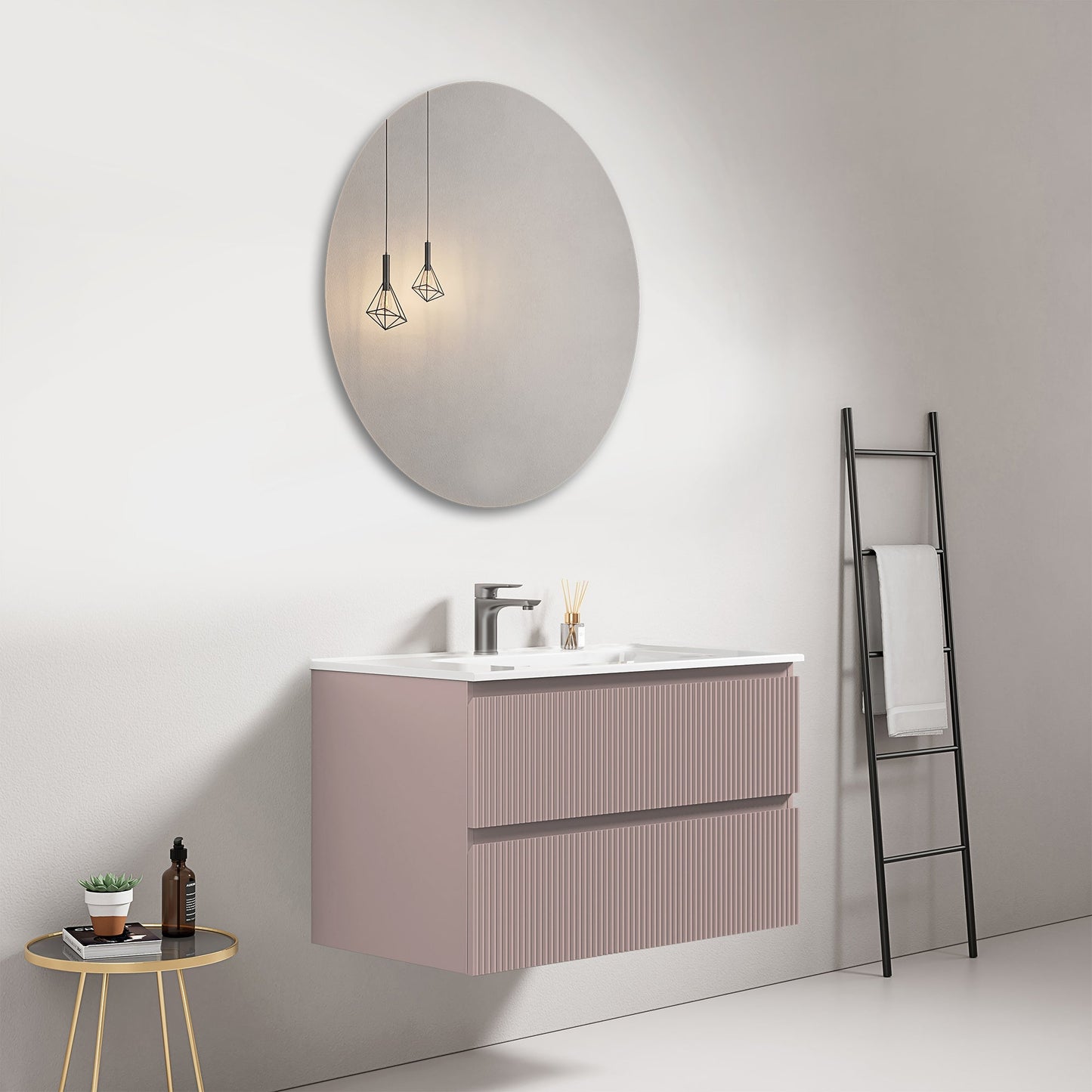 Mobile bagno sospeso cannettato 80 cm Rosa Retro Lavabo in Ceramica Specchio Tondo - Fiji Paint
