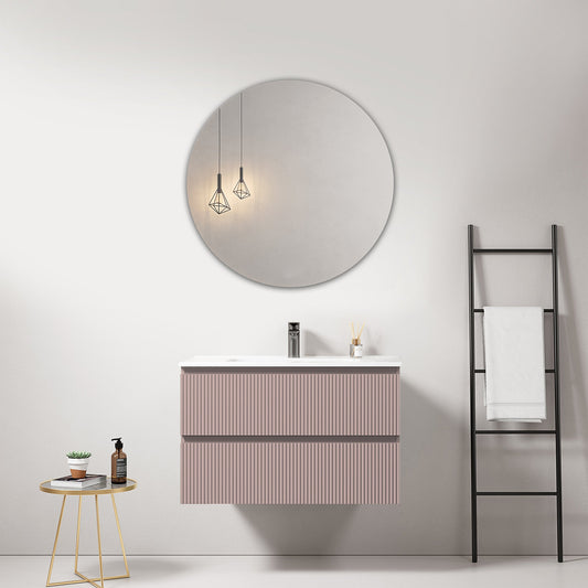 Mobile bagno sospeso cannettato 80 cm Rosa Retro Lavabo in Ceramica Specchio Tondo - Fiji Paint