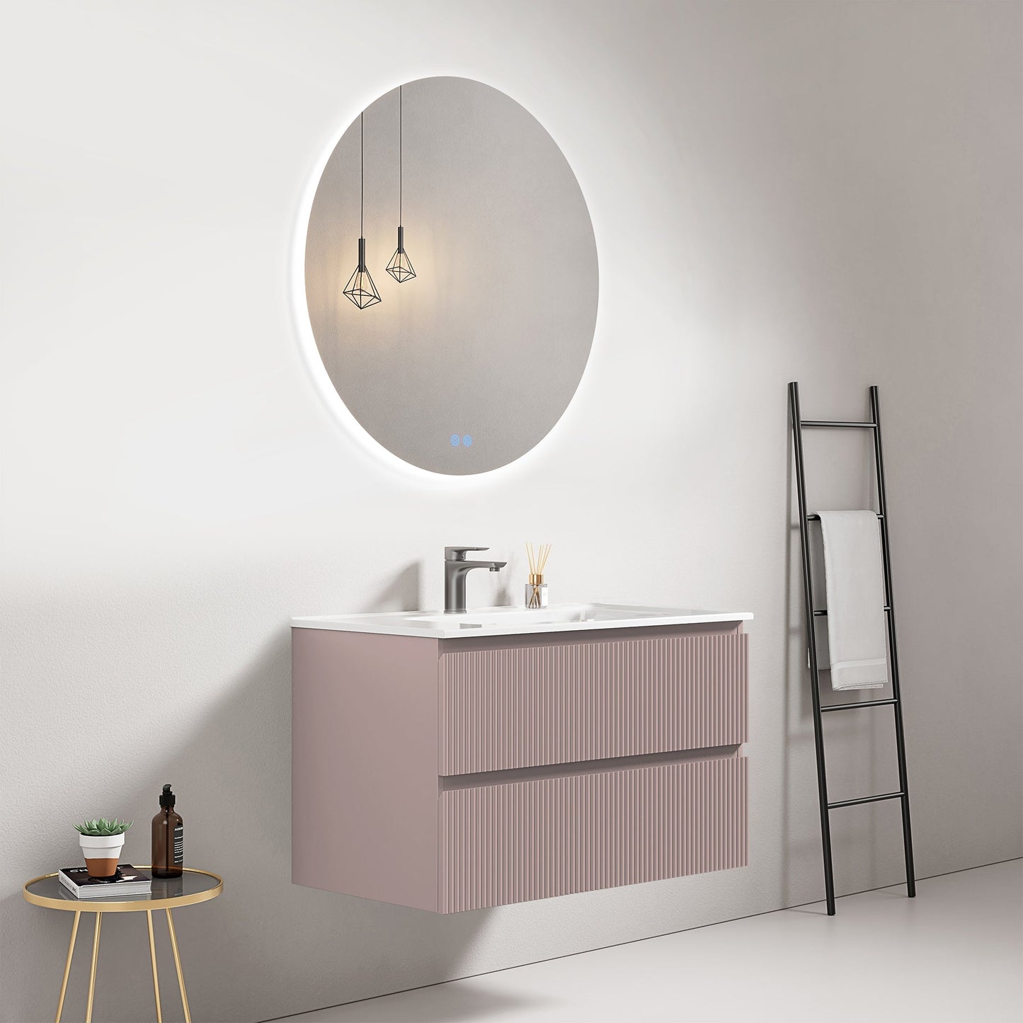 Mobile bagno sospeso cannettato 80 cm Rosa Retro Lavabo in Ceramica Specchio Tondo Retroilluminato - Fiji Paint