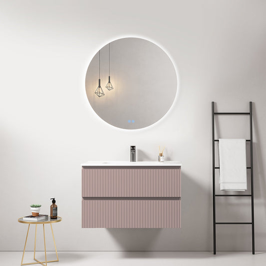 Mobile bagno sospeso cannettato 80 cm Rosa Retro Lavabo in Ceramica Specchio Tondo Retroilluminato - Fiji Paint