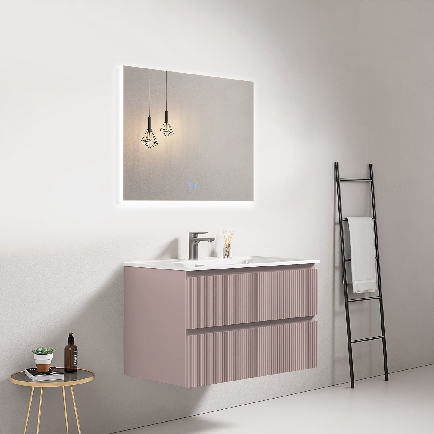 Mobile bagno sospeso cannettato 80 cm Rosa Retro Lavabo in Ceramica Specchio Quadro Retroilluminato - Fiji Paint