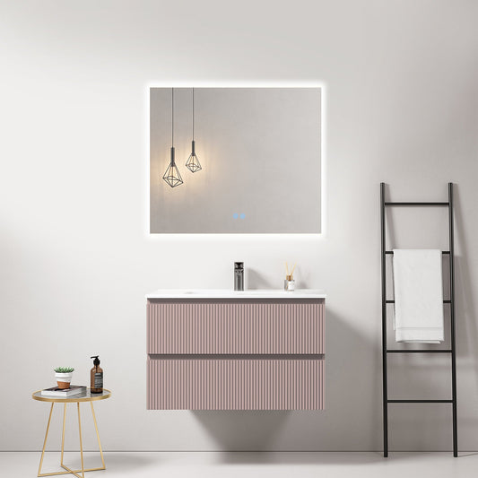 Mobile bagno sospeso cannettato 80 cm Rosa Retro Lavabo in Ceramica Specchio Quadro Retroilluminato - Fiji Paint