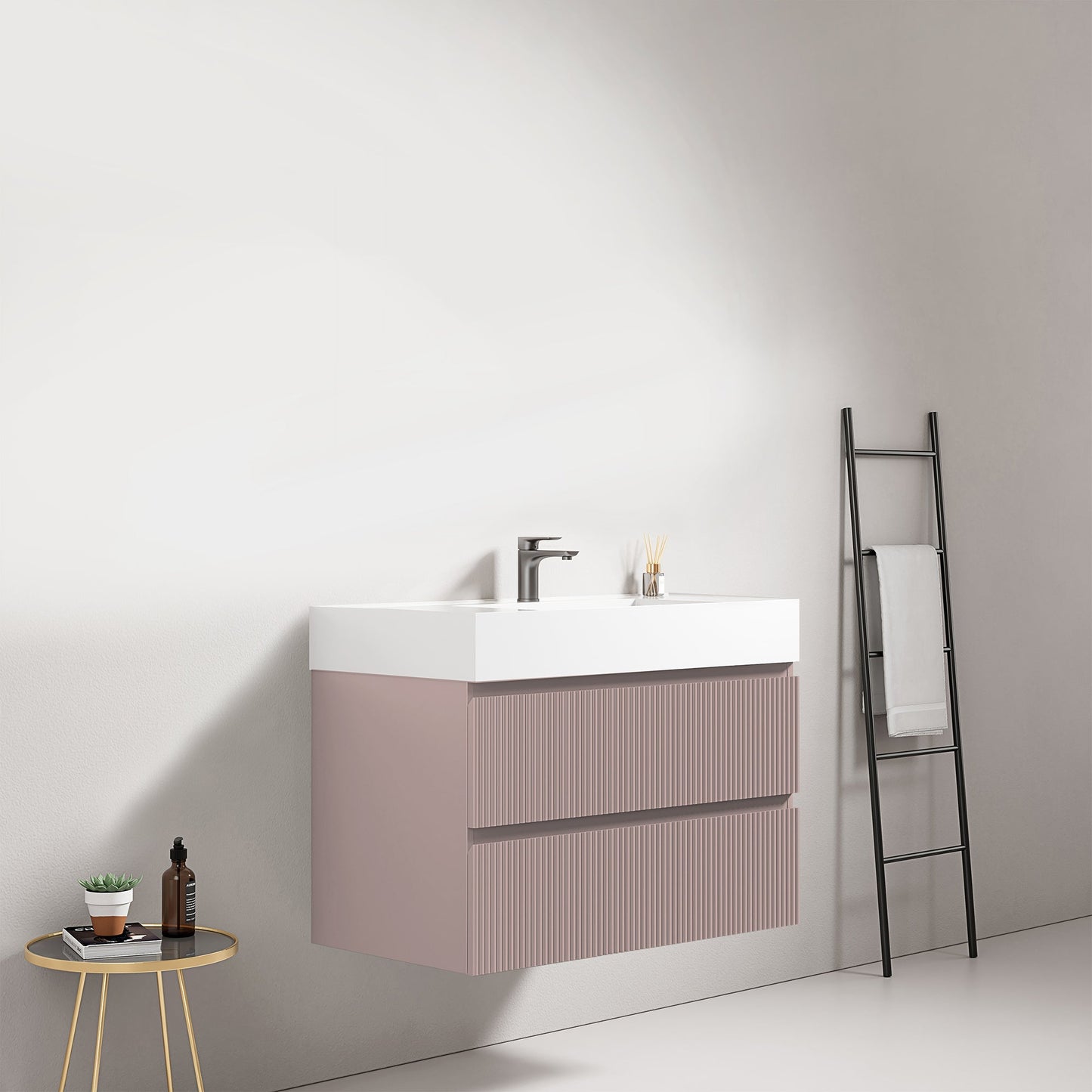 Mobile bagno sospeso cannettato 80 cm Rosa Retro Lavabo in Resina Senza Specchio - Fiji Paint