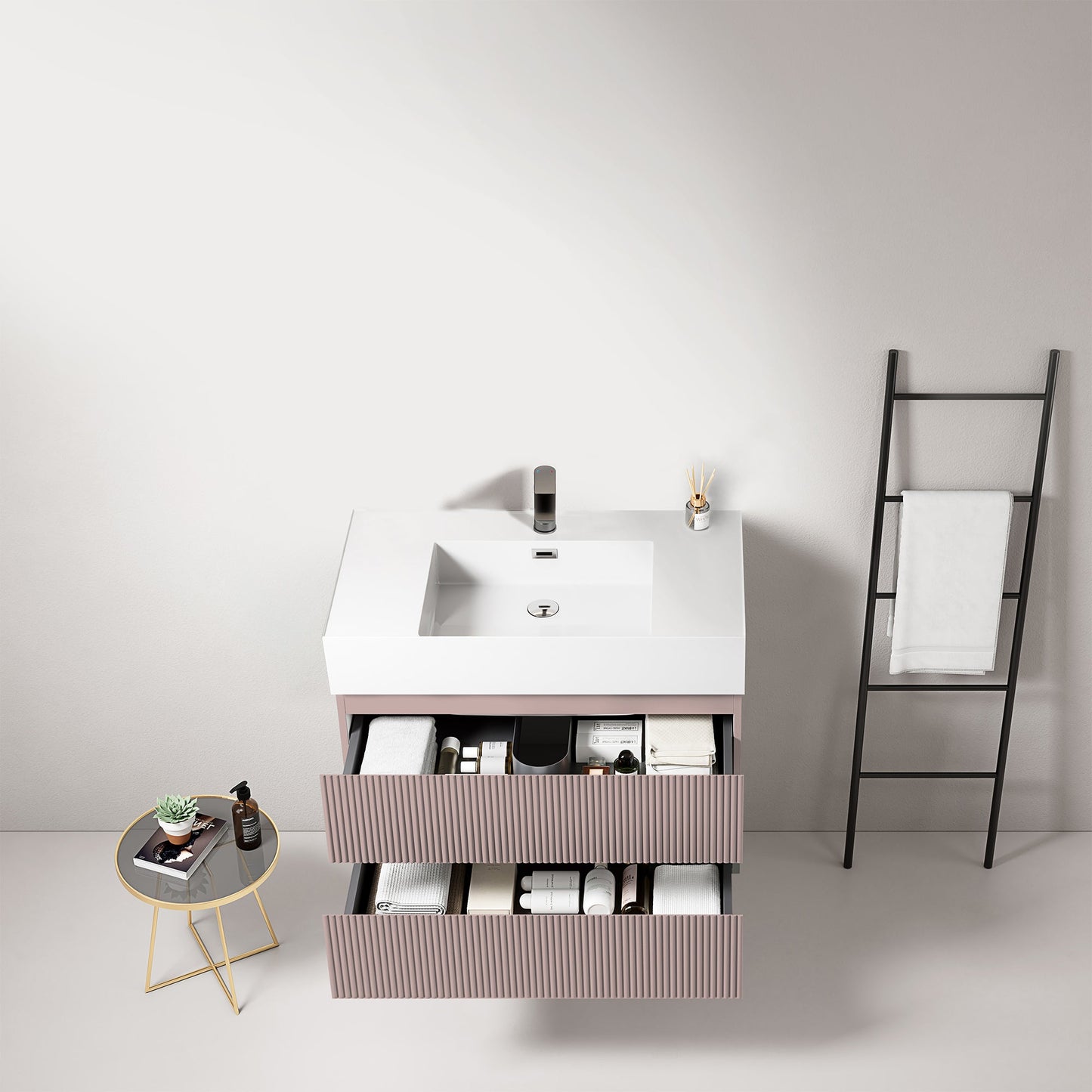 Mobile bagno sospeso cannettato 80 cm Rosa Retro Lavabo in Resina Senza Specchio - Fiji Paint