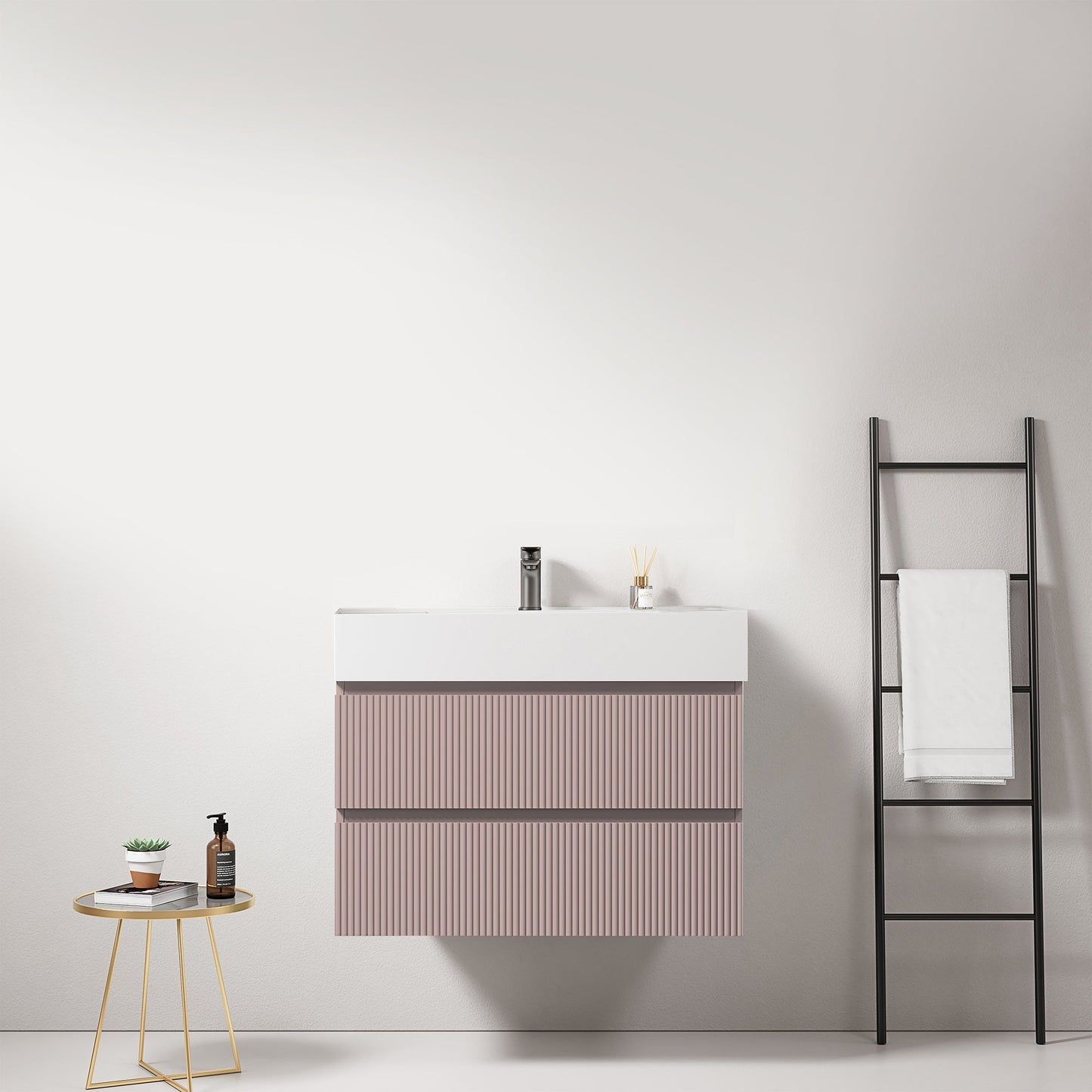 Mobile bagno sospeso cannettato 80 cm Rosa Retro Lavabo in Resina Senza Specchio - Fiji Paint