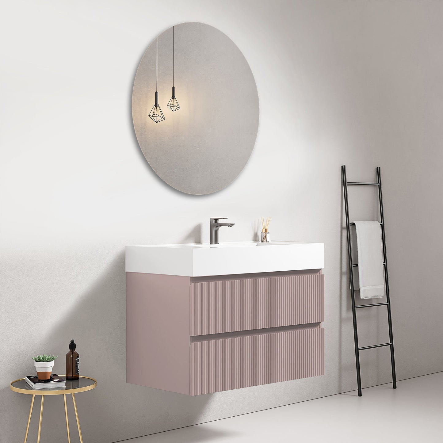 Mobile bagno sospeso cannettato 80 cm Rosa Retro Lavabo in Resina Specchio Tondo - Fiji Paint