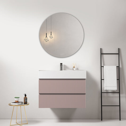 Mobile bagno sospeso cannettato 80 cm Rosa Retro Lavabo in Resina Specchio Tondo - Fiji Paint