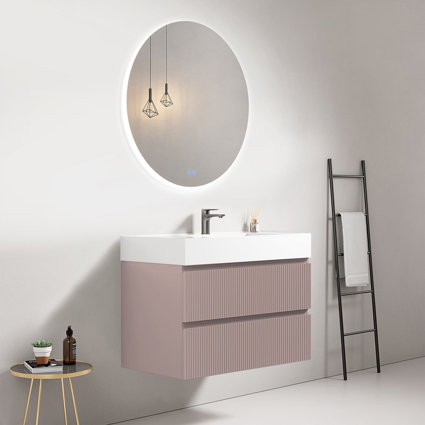 Mobile bagno sospeso cannettato 80 cm Rosa Retro Lavabo in Resina Specchio Tondo Retroilluminato - Fiji Paint