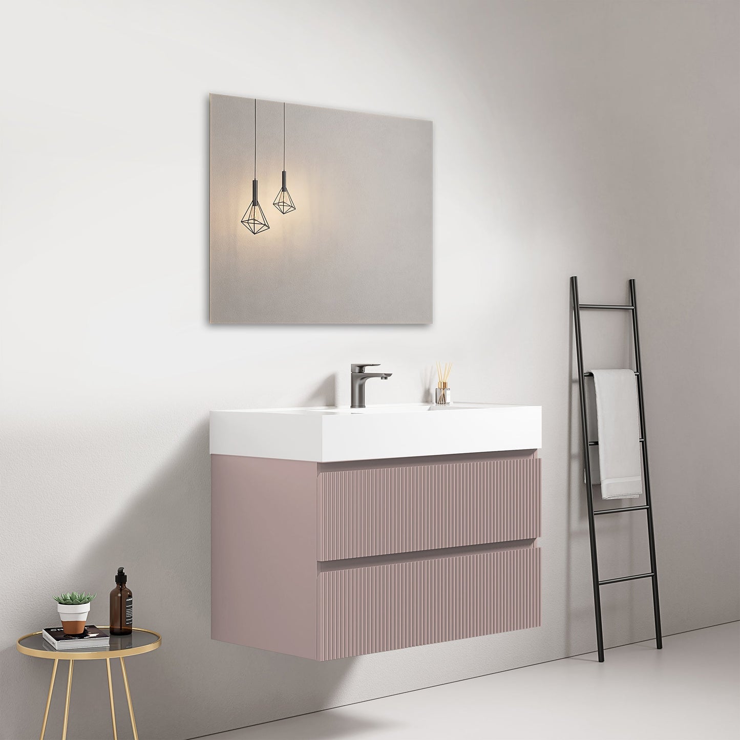 Mobile bagno sospeso cannettato 80 cm Rosa Retro Lavabo in Resina Specchio Quadro - Fiji Paint