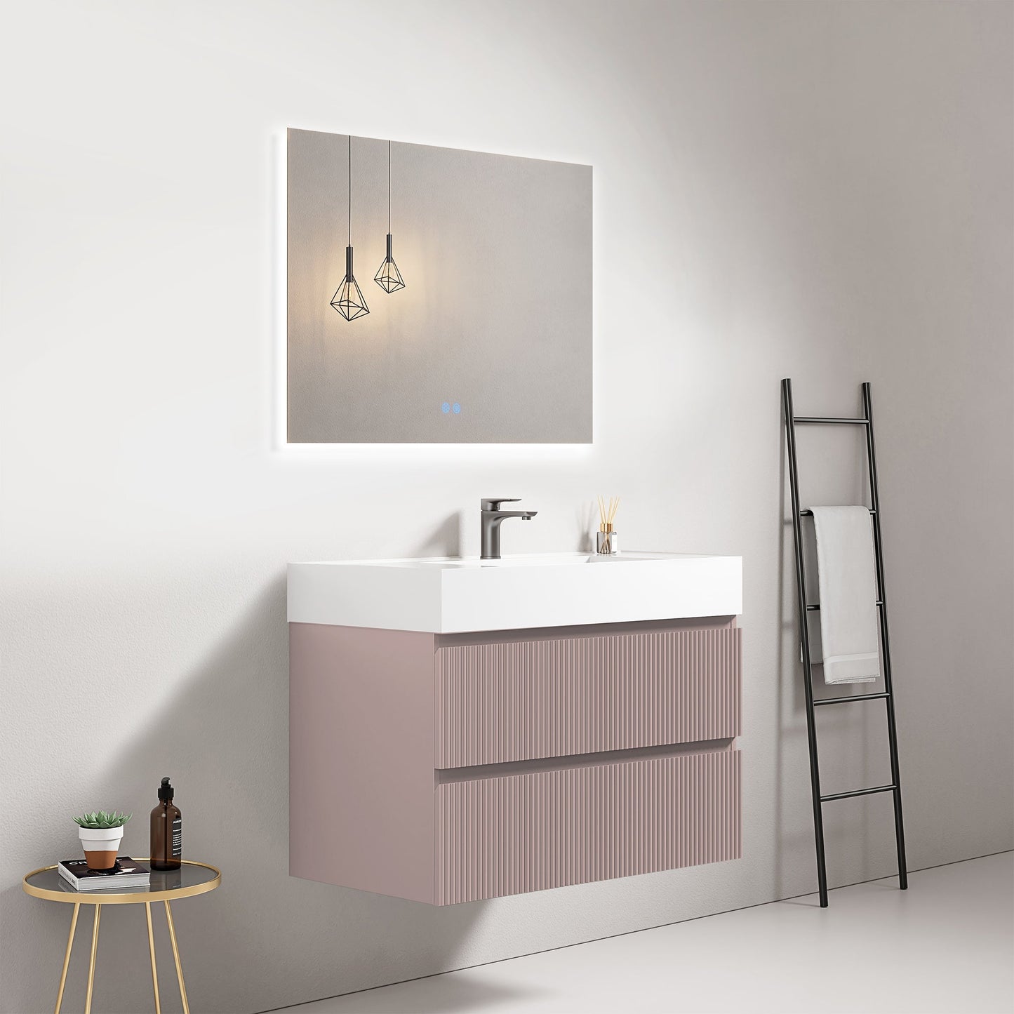 Mobile bagno sospeso cannettato 80 cm Rosa Retro Lavabo in Resina Specchio Quadro Retroilluminato - Fiji Paint