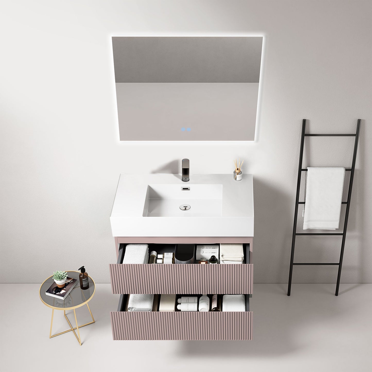 Mobile bagno sospeso cannettato 80 cm Rosa Retro Lavabo in Resina Specchio Quadro Retroilluminato - Fiji Paint