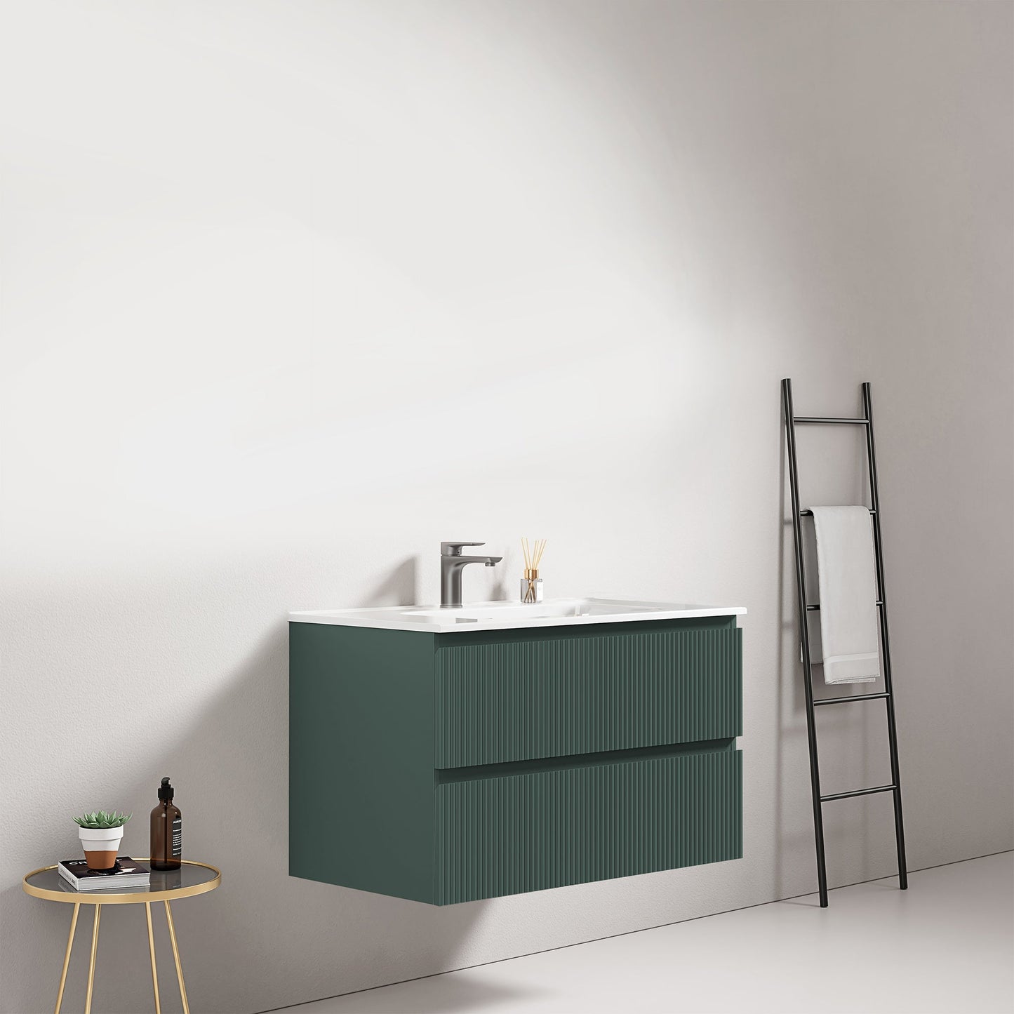 Mobile bagno sospeso cannettato 80 cm Verde Comodoro Lavabo in Ceramica Senza Specchio - Fiji Paint