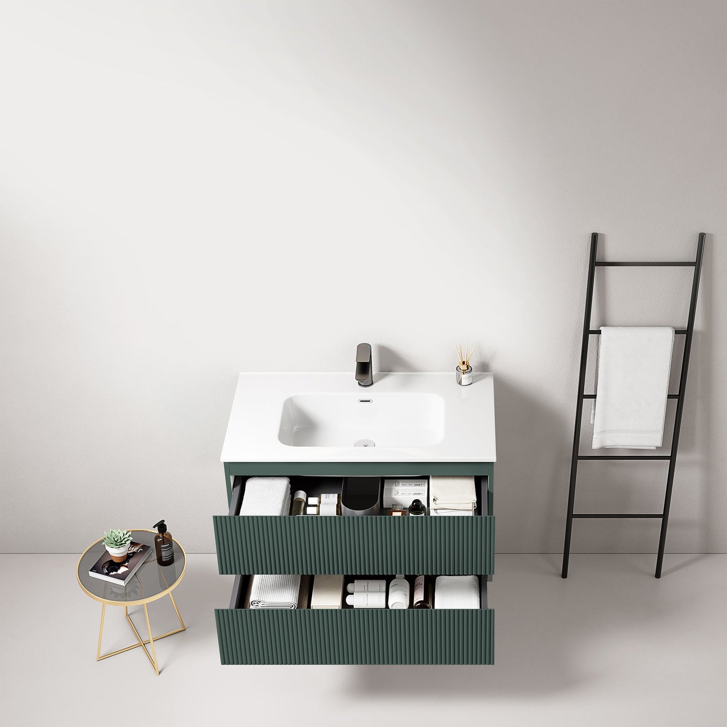Mobile bagno sospeso cannettato 80 cm Verde Comodoro Lavabo in Ceramica Senza Specchio - Fiji Paint