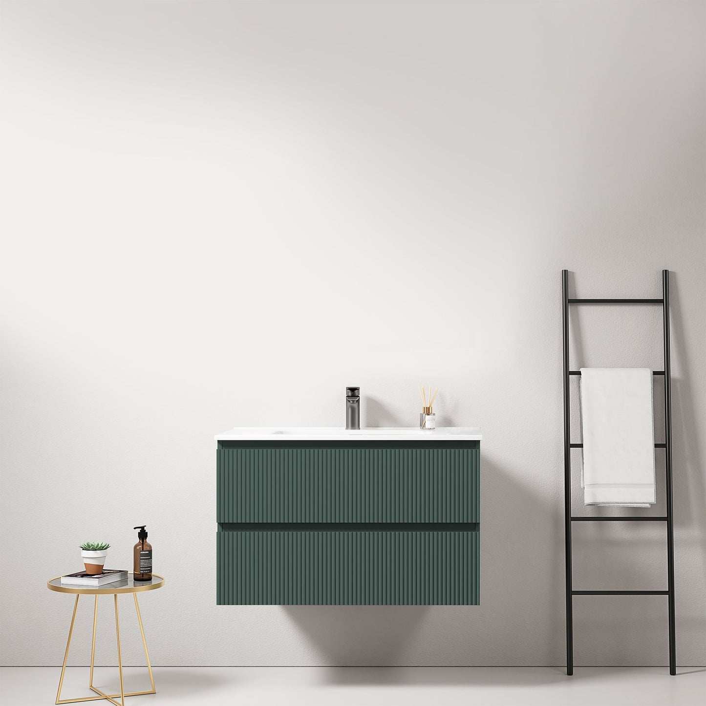Mobile bagno sospeso cannettato 80 cm Verde Comodoro Lavabo in Ceramica Senza Specchio - Fiji Paint