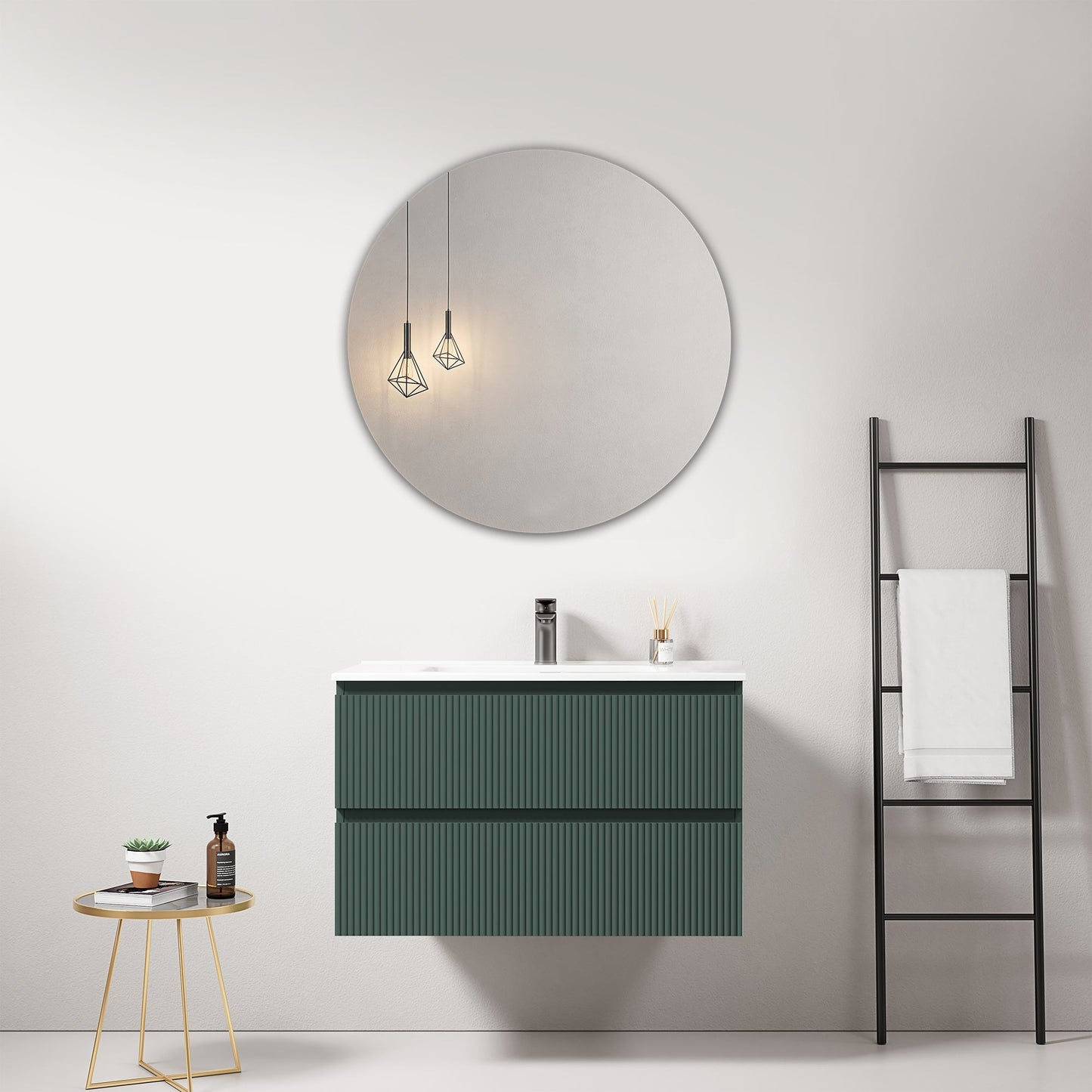 Mobile bagno sospeso cannettato 80 cm Verde Comodoro Lavabo in Ceramica Specchio Tondo - Fiji Paint