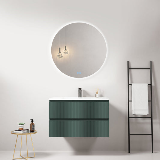 Mobile bagno sospeso cannettato 80 cm Verde Comodoro Lavabo in Ceramica Specchio Tondo Retroilluminato - Fiji Paint