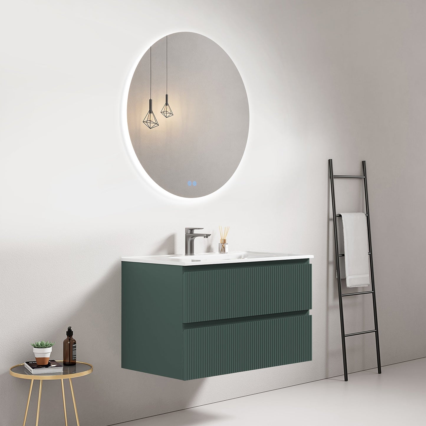 Mobile bagno sospeso cannettato 80 cm Verde Comodoro Lavabo in Ceramica Specchio Tondo Retroilluminato - Fiji Paint
