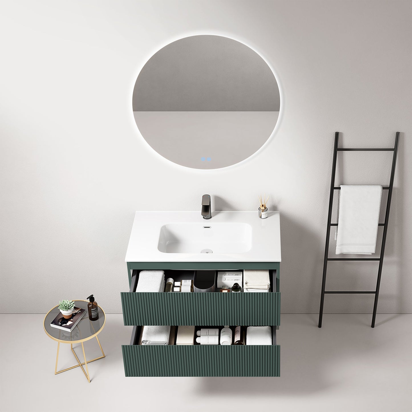 Mobile bagno sospeso cannettato 80 cm Verde Comodoro Lavabo in Ceramica Specchio Tondo Retroilluminato - Fiji Paint