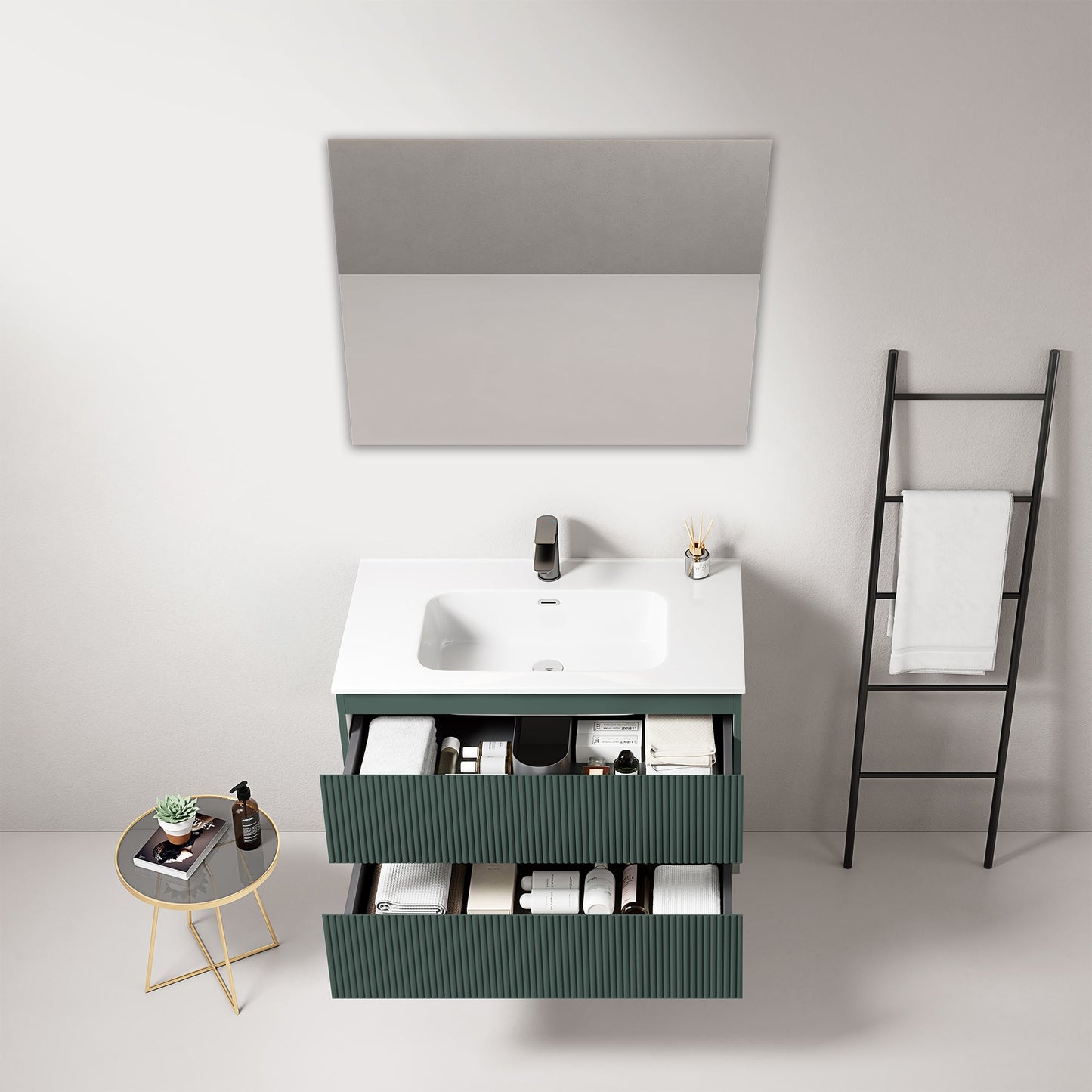 Mobile bagno sospeso cannettato 80 cm Verde Comodoro Lavabo in Ceramica Specchio Quadro - Fiji Paint