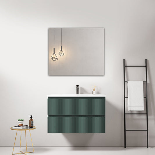 Mobile bagno sospeso cannettato 80 cm Verde Comodoro Lavabo in Ceramica Specchio Quadro - Fiji Paint