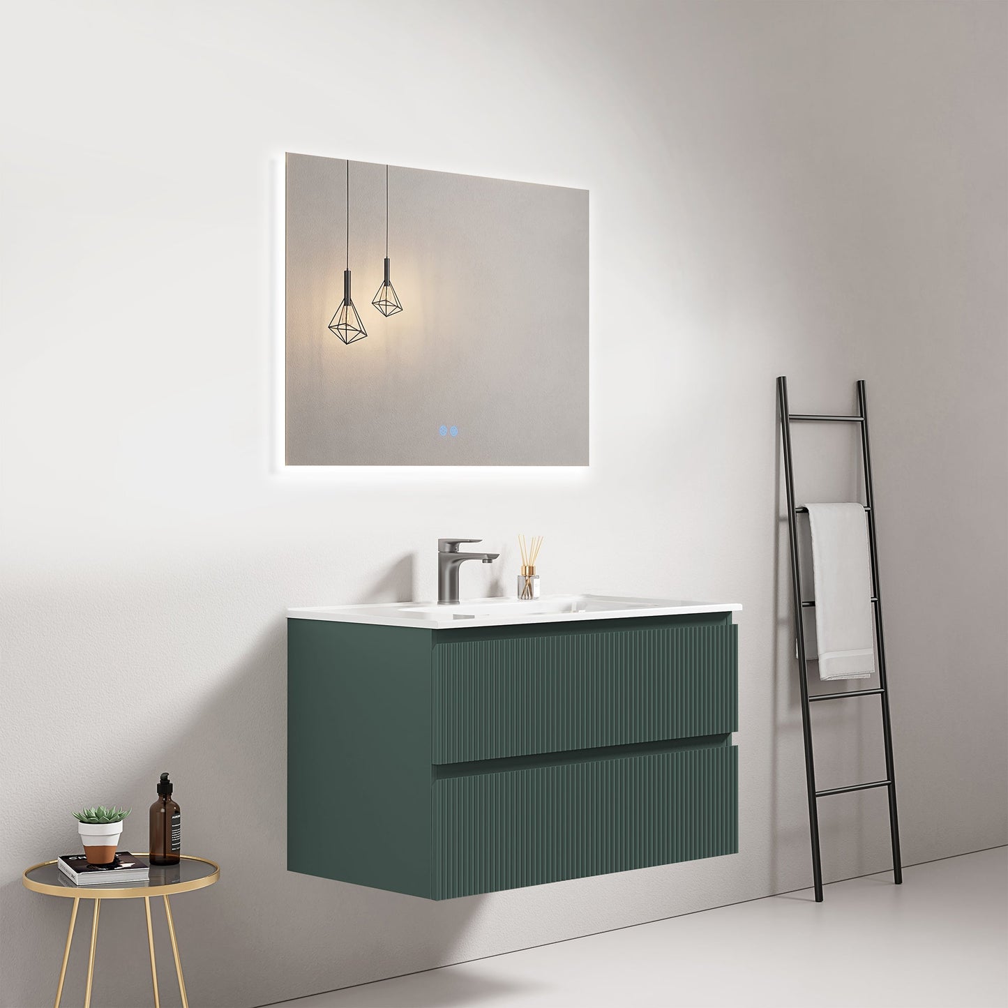 Mobile bagno sospeso cannettato 80 cm Verde Comodoro Lavabo in Ceramica Specchio Quadro Retroilluminato - Fiji Paint