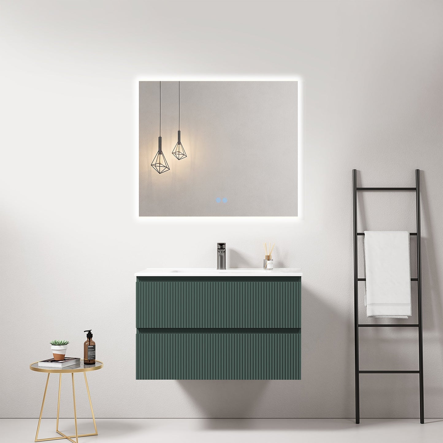 Mobile bagno sospeso cannettato 80 cm Verde Comodoro Lavabo in Ceramica Specchio Quadro Retroilluminato - Fiji Paint