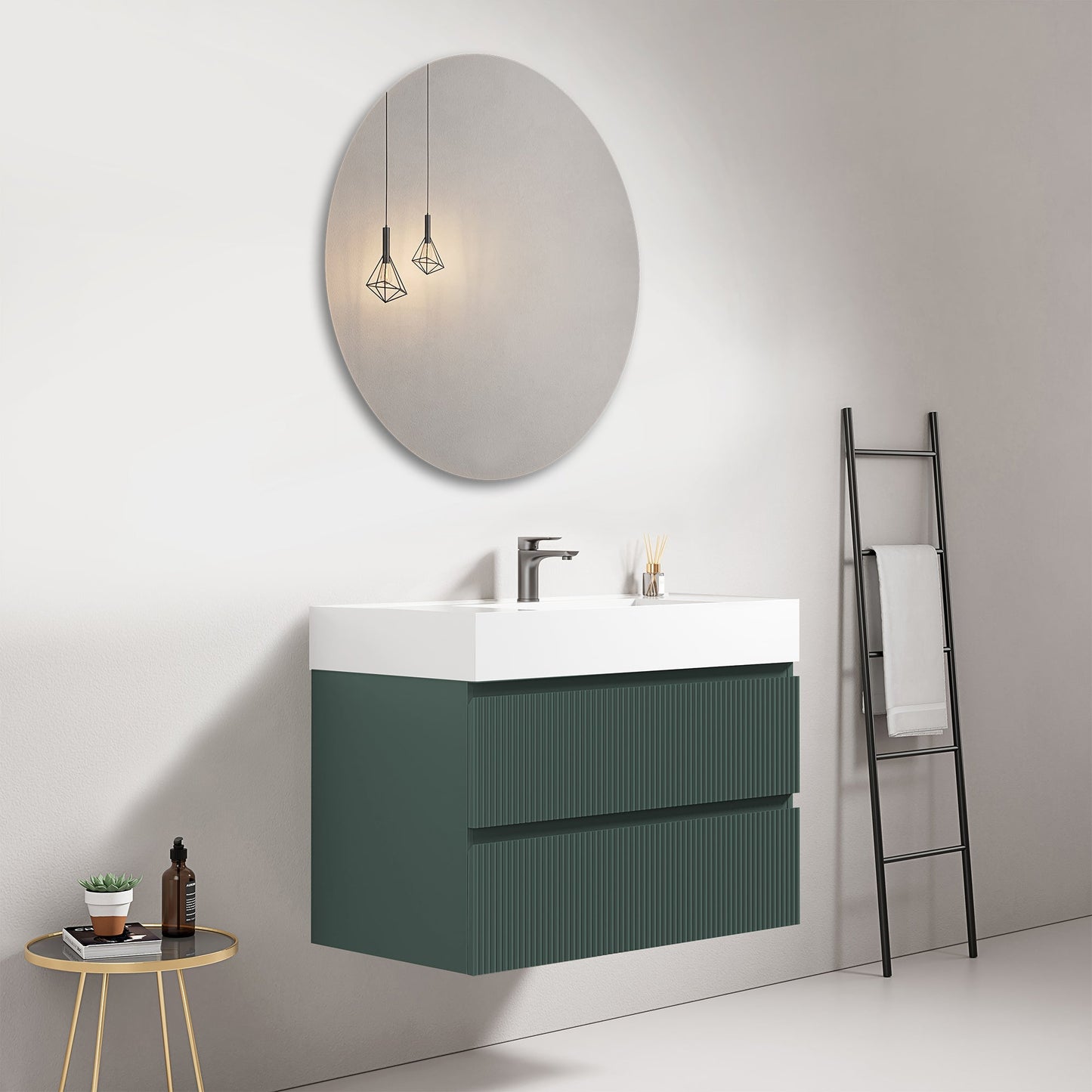 Mobile bagno sospeso cannettato 80 cm Verde Comodoro Lavabo in Resina Specchio Tondo - Fiji Paint