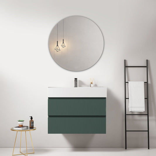 Mobile bagno sospeso cannettato 80 cm Verde Comodoro Lavabo in Resina Specchio Tondo - Fiji Paint