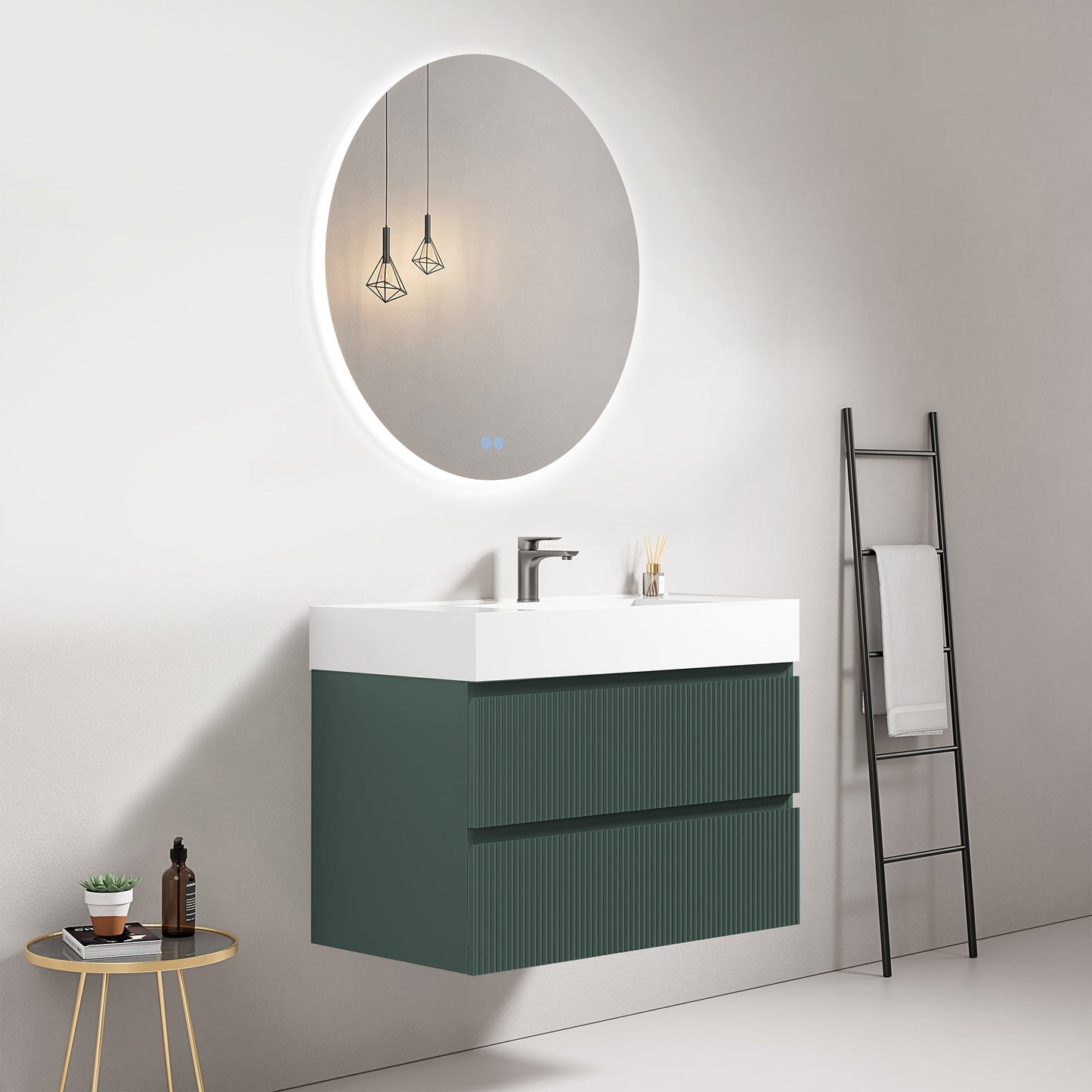 Mobile bagno sospeso cannettato 80 cm Verde Comodoro Lavabo in Resina Specchio Tondo Retroilluminato - Fiji Paint