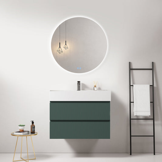 Mobile bagno sospeso cannettato 80 cm Verde Comodoro Lavabo in Resina Specchio Tondo Retroilluminato - Fiji Paint