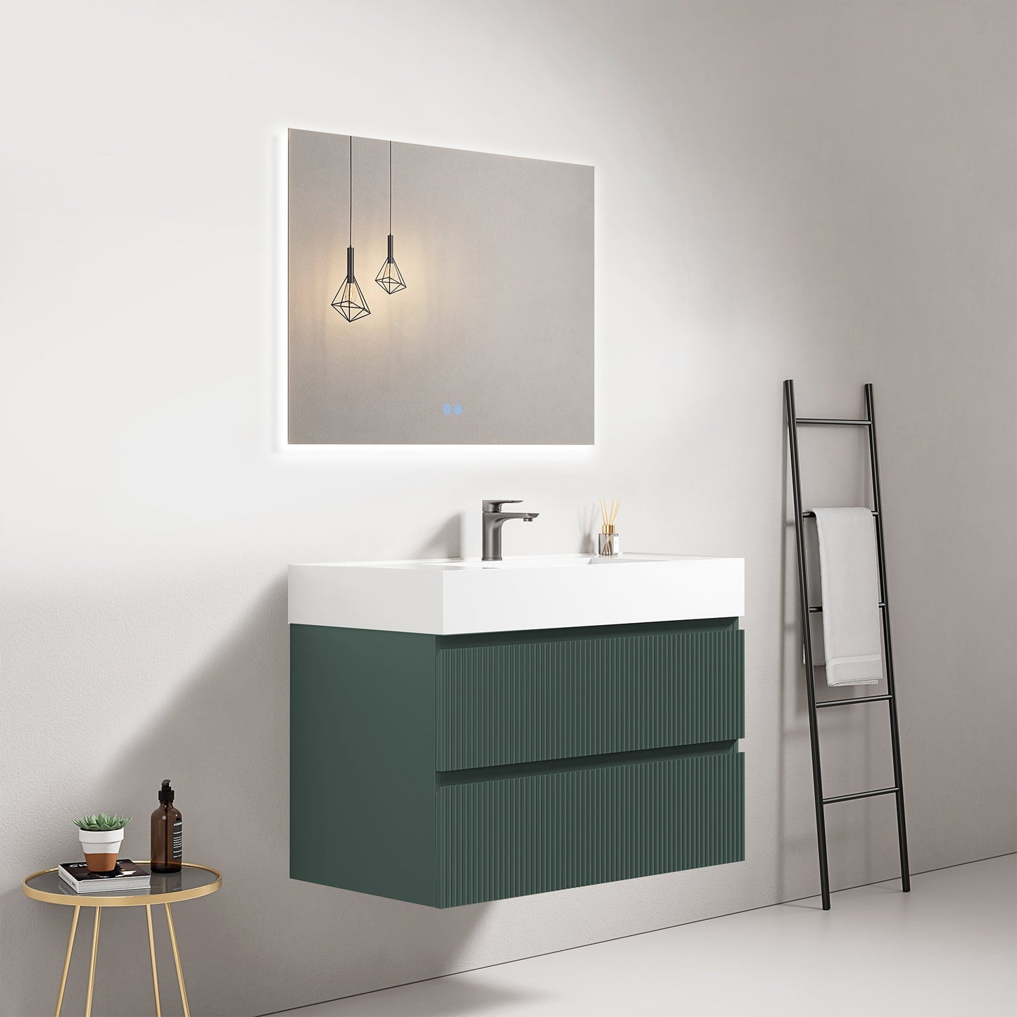 Mobile bagno sospeso cannettato 80 cm Verde Comodoro Lavabo in Resina Specchio Quadro Retroilluminato - Fiji Paint