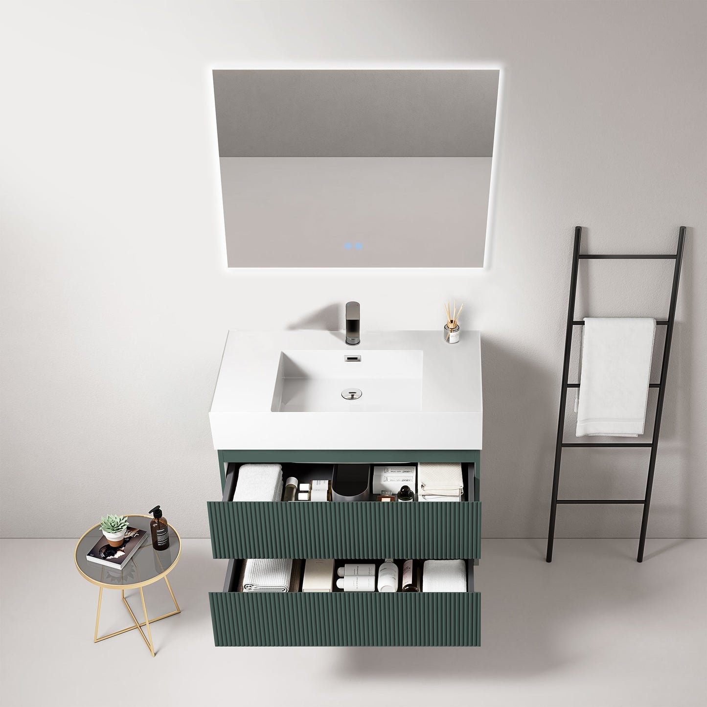 Mobile bagno sospeso cannettato 80 cm Verde Comodoro Lavabo in Resina Specchio Quadro Retroilluminato - Fiji Paint