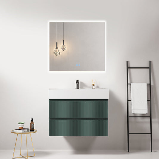 Mobile bagno sospeso cannettato 80 cm Verde Comodoro Lavabo in Resina Specchio Quadro Retroilluminato - Fiji Paint