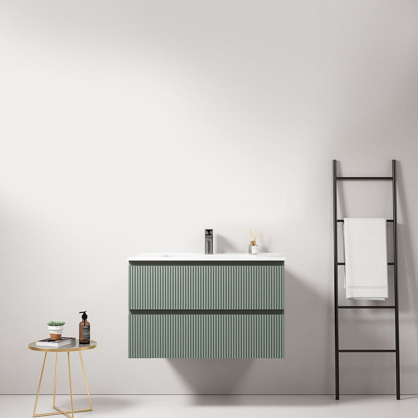 Mobile bagno sospeso cannettato 80 cm Verde Salvia Lavabo in Ceramica Senza Specchio - Fiji Paint
