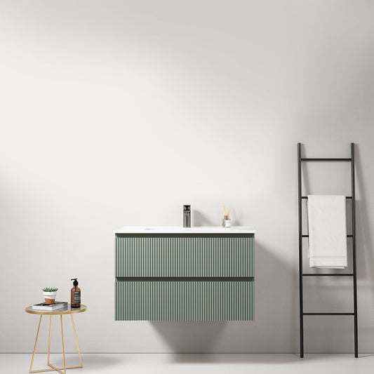 Mobile bagno sospeso cannettato 80 cm Verde Salvia Lavabo in Ceramica Senza Specchio - Fiji Paint