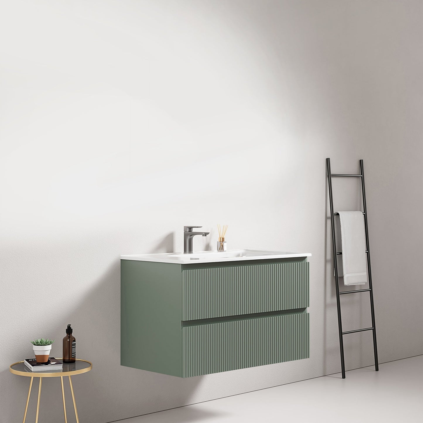 Mobile bagno sospeso cannettato 80 cm Verde Salvia Lavabo in Ceramica Senza Specchio - Fiji Paint