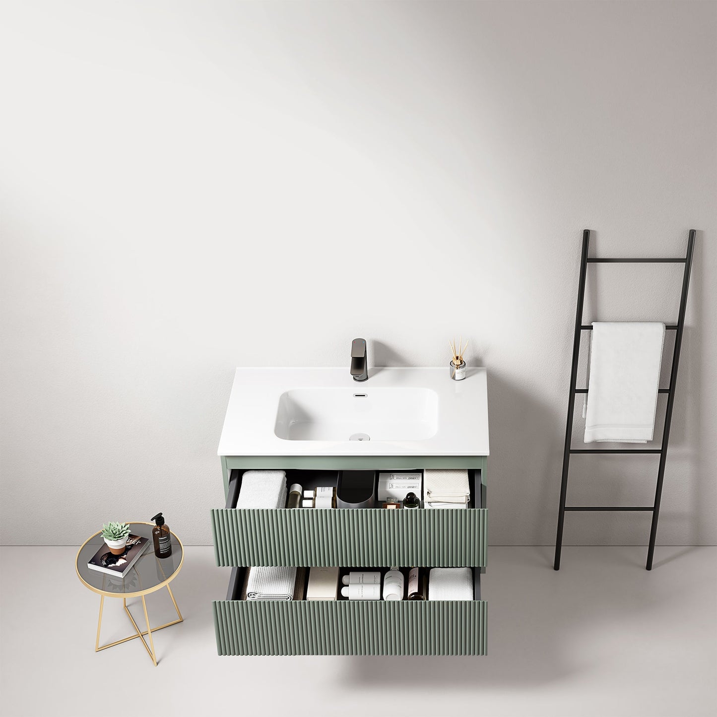 Mobile bagno sospeso cannettato 80 cm Verde Salvia Lavabo in Ceramica Senza Specchio - Fiji Paint