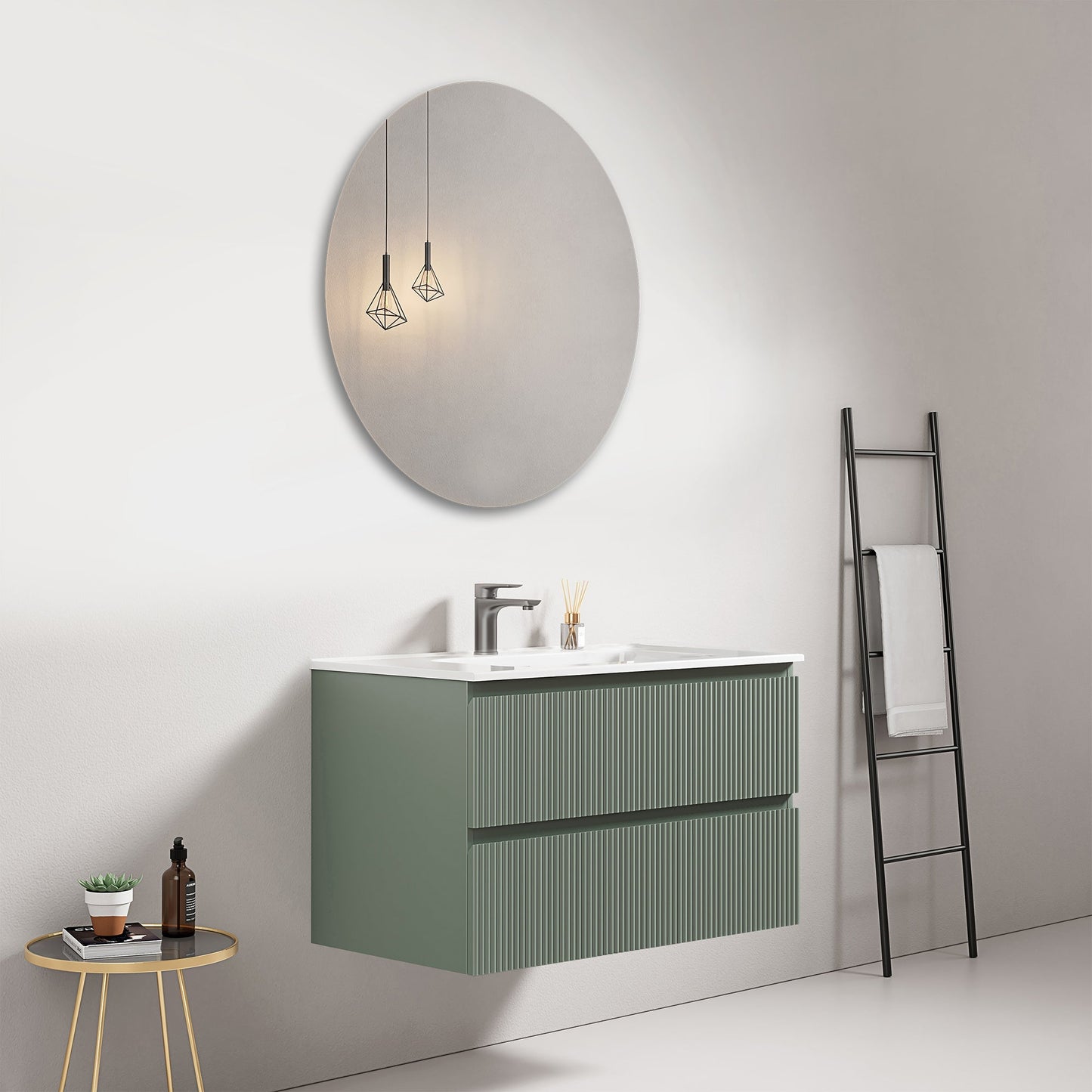 Mobile bagno sospeso cannettato 80 cm Verde Salvia Lavabo in Ceramica Specchio Tondo - Fiji Paint