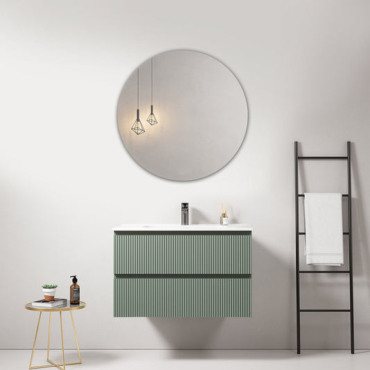 Mobile bagno sospeso cannettato 80 cm Verde Salvia Lavabo in Ceramica Specchio Tondo - Fiji Paint