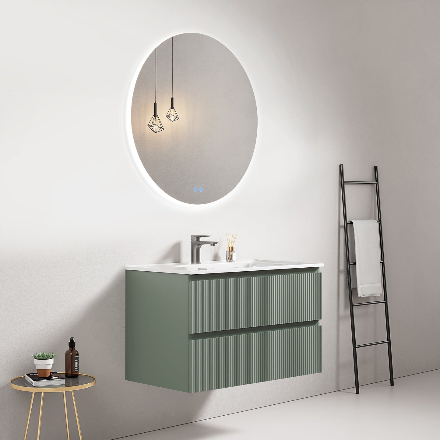 Mobile bagno sospeso cannettato 80 cm Verde Salvia Lavabo in Ceramica Specchio Tondo Retroilluminato - Fiji Paint